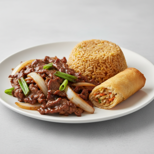 Mongolian Beef with Fried Rice and Egg Roll