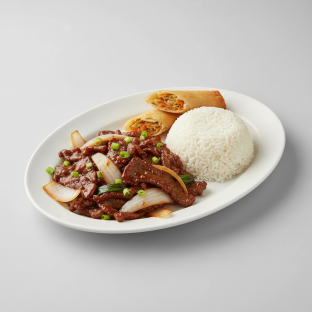 Mongolian Beef with Steamed Rice and Egg Roll