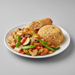 Szechuan Chicken with Fried Rice and Egg Roll