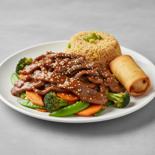Teriyaki Beef with Fried Rice and Egg Roll