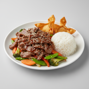 Teriyaki Beef with Steamed Rice and Crab Wontons