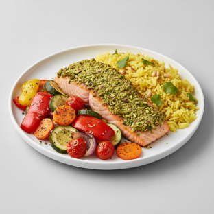 Salmon Pistachio Pesto with Yellow Rice and Roasted Veggies