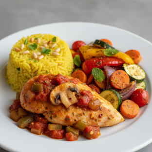Chicken Cacciatore with Yellow Rice and Roasted Veggies