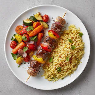 Beef Kabob with Yellow Rice and Roasted Veggies