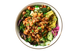 Chickpea Potato Garden Bowl with Avocado and Walnuts and Lemon Thyme Sauce