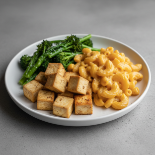 Baked Tofu with Truffle Mac N Cheese and Seasoned Broccoli