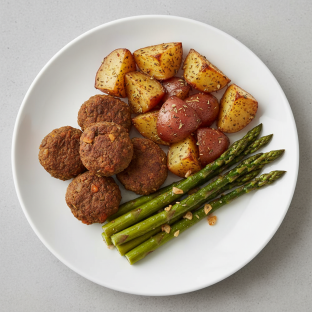 Vegan Meatballs, Red Potatoes with Greek Spices and Roasted Asparagus