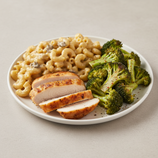 Baked Chicken with Truffle Mac n' Cheese and Seasoned Broccoli