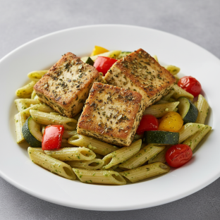 Herb Rubbed Tofu with Pesto Pasta and Roasted Veggies