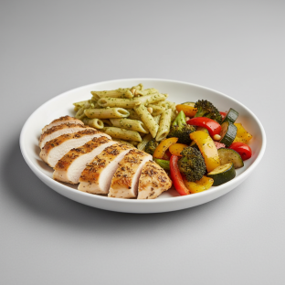 Herb Rubbed Baked Chicken with Pesto Pasta and Roasted Veggies