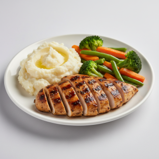 Organic Grilled and Marinated Chicken Breast, Steamed Vegetables and Mashed Potatoes