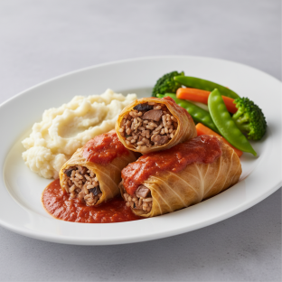 Vegan Stuffed Cabbage with Tomato Sauce, Steamed Vegetables and Vegan Mashed Potatoes