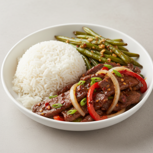 Mongolian Beef Garlic Green Beans and White Rice