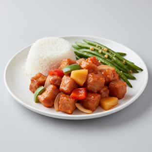 Sweet and Sour Pork Garlic Green Beans and White Rice