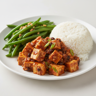 Mapo Tofu (Vegan) Garlic Green Beans and White Rice