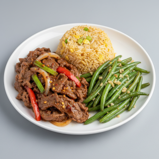 Mongolian Beef Garlic Green Beans and Fried Rice