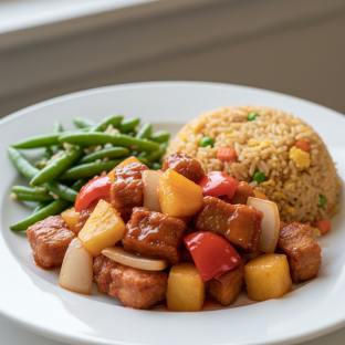 Sweet and Sour Pork Garlic Green Beans and Fried Rice