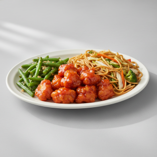 Orange Chicken Garlic Green Beans and Veggie Chow Mein