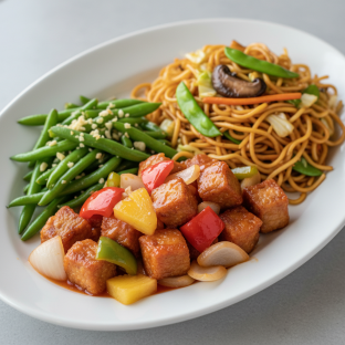 Sweet and Sour Pork Garlic Green Beans and Veggie Chow Mein