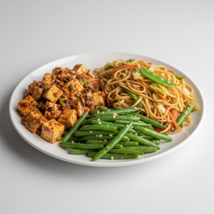 Mapo Tofu (No Meat) Garlic Green Beans and Veggie Chow Mein