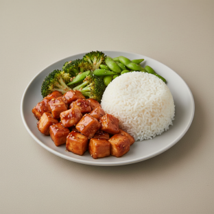 Teriyaki Chicken, Garlic Broccoli, Edamame and White Rice