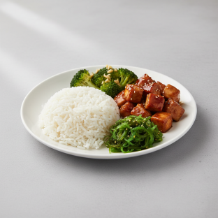 Teriyaki Chicken, Garlic Broccoli, Wakame and White Rice