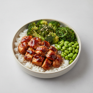 Gluten-Free Teriyaki Chicken, Gluten-Free Garlic Broccoli, Edamame and White Rice