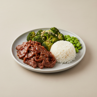 Teriyaki Beef, Garlic Broccoli, Edamame and White Rice