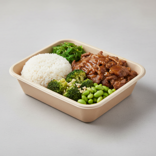 Gluten-Free Teriyaki Beef, Gluten-Free Garlic Broccoli, Edamame and White Rice