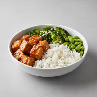 Teriyaki Tofu, Garlic Broccoli, Edamame and White Rice
