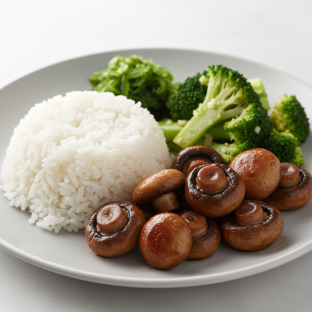 Teriyaki Mushrooms, Garlic Broccoli, Wakame and White Rice