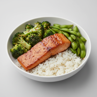 Teriyaki Salmon, Garlic Broccoli, Edamame and White Rice