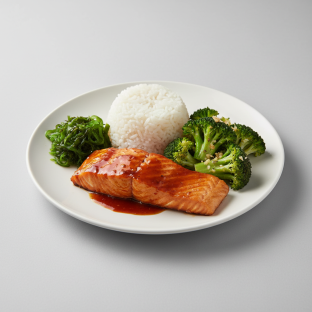 Teriyaki Salmon, Garlic Broccoli, Wakame and White Rice