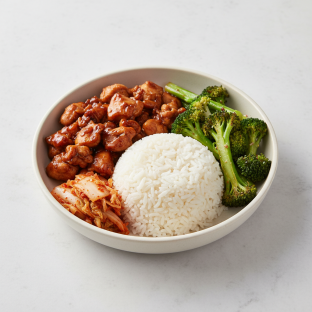 Bulgogi Chicken, Garlic Broccoli, Kimchi and White Rice