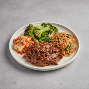 Bulgogi Beef, Garlic Broccoli, Kimchi and Japchae