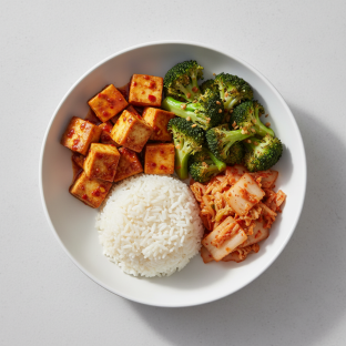 Gluten-Free Spicy Tofu, Gluten-Free Garlic Broccoli, Vegan Kimchi and White Rice