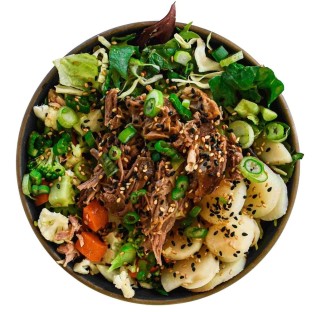 Light Carb Pork Shoulder Greens Bowl with Spicy Orange Sesame Sauce