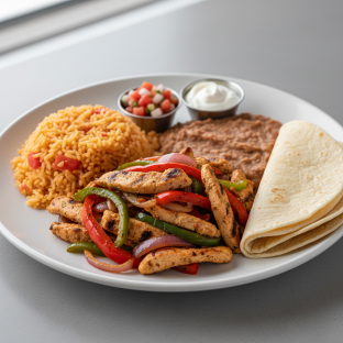 Chicken Fajita with Rice, Beans and Flour Tortilla