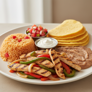 Chicken Fajita with Rice, Beans and Corn Tortilla