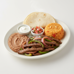 Beef Fajita with Rice, Beans and Flour Tortilla