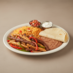 Chicken and Beef Fajita with Rice, Beans and Flour Tortilla