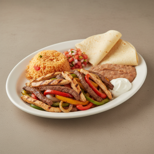 Chicken and Beef Fajita with Rice, Beans and Corn Tortilla