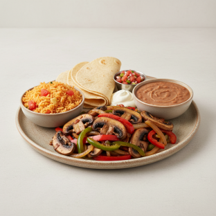 Portobello Fajita with Rice, Beans and Corn Tortilla