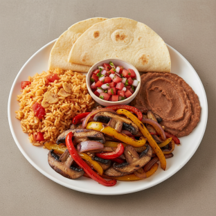 VEGAN Portobello Fajitas with Rice, Beans and Flour Tortilla (NO Sour Cream)