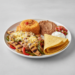 Chicken Cheese Fajita with Rice, Beans and Corn Tortilla