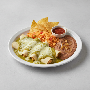 Green Chicken Enchiladas with Rice, Beans and Tortilla Chips