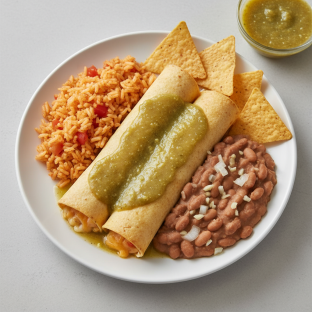 Cheese Enchiladas with Rice, Beans and Tortilla Chips