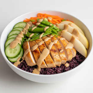 Nut-Free Chicken Purple Rice Bowl with "Peanut" Sauce (No Cashews)