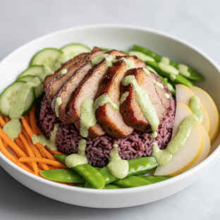 Nut-Free Pork Shoulder Purple Rice Bowl with Ginger Lime Sauce (No Cashews)