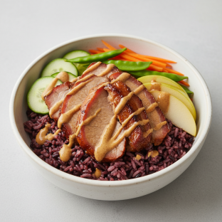 Nut-Free Pork Shoulder Purple Rice Bowl with "Peanut Sauce" (No Cashews)
